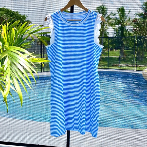 Lilly Pulitzer Dresses & Skirts - Lilly Pulitzer Agee Dress Zanzibar blue beach happy Stripe eyelet Sleeve L NWOT